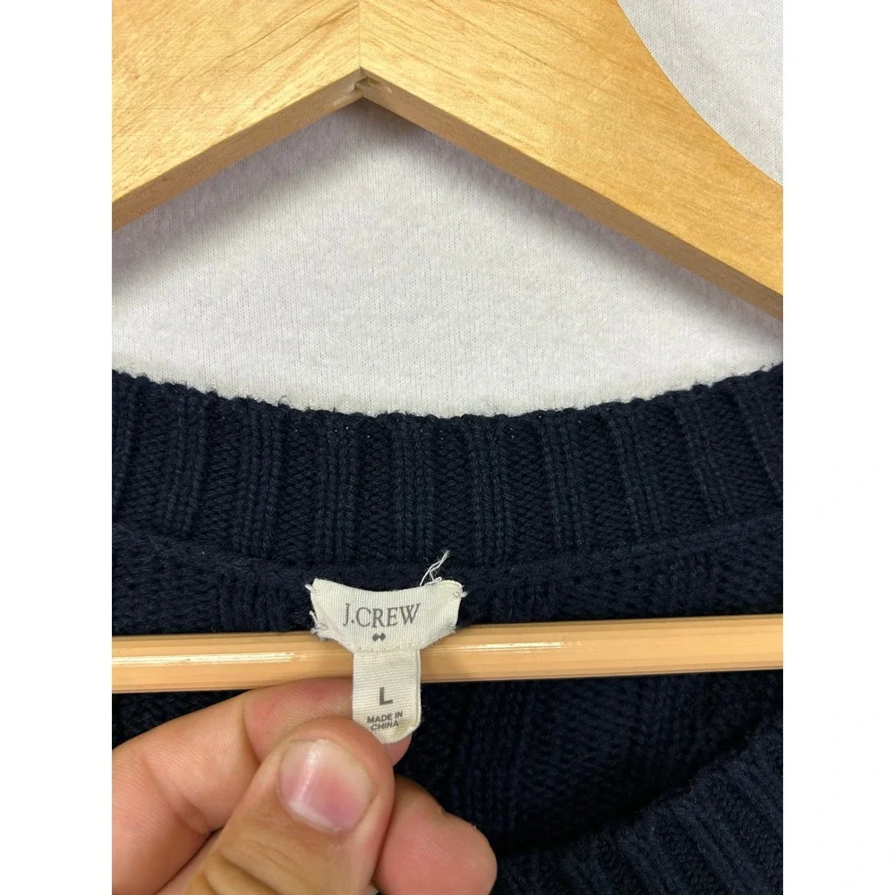 Preppy J.Crew Womens Large Navy Blue Cable Knit Cotton Crewneck Sweater 65042